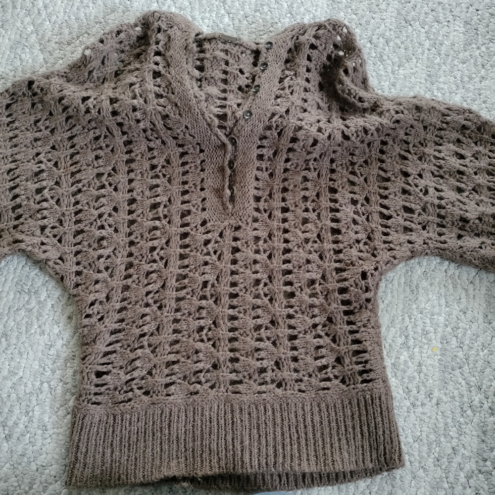 This is a Free People Pointelle Open Knit Alpaca Hooded Sweater in brown. Small - Picture 9 of 13